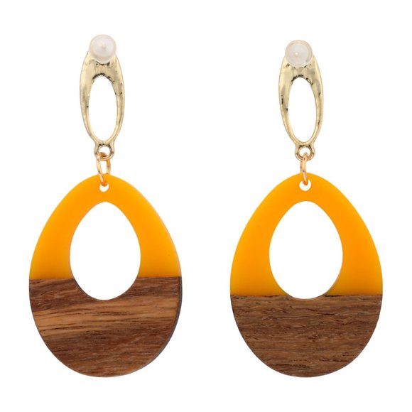 Yellow Wooden Geometric Teardrop Earrings - Acrylic Resin Lightweight Wood - Picture 3 of 4